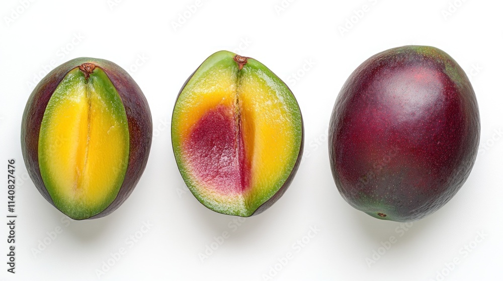 Poster three views of a mango, showcasing its exterior and cross-section.
