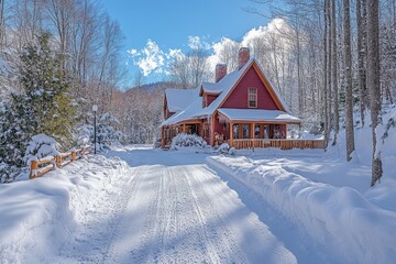 Red wooden house covered in snow on sunny winter day