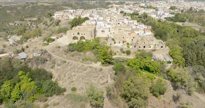 Panoramic aerial view of the historic center of the town of Bernalda, in the province of Matera, Basilicata, Italy. It is a traditional Italian village.