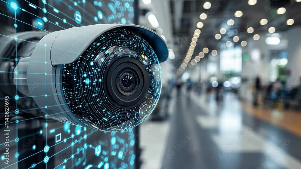 Poster security camera monitoring busy public space with digital connectivity in modern environment