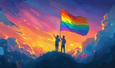 Fototapeta premium Two figures raise vibrant flag atop hill, sunset backdrop.