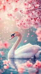 A serene swan gliding through water surrounded by blooming cherry blossoms.