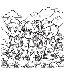Coloring page group kids hiking together illustration