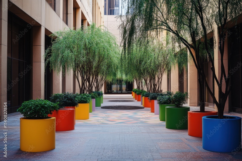 Poster a vibrant courtyard lined with colorful planters and lush trees, creating a serene atmosphere.
