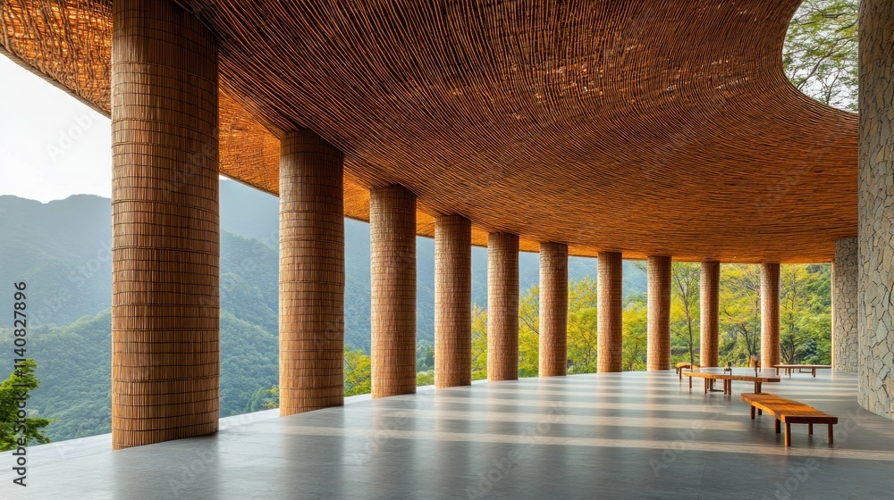 Poster a spacious, open architectural structure with bamboo columns and a scenic mountain view.