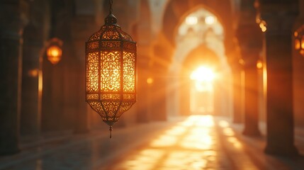 Fototapeta premium Ornate Lantern Illuminating a Mosque's Serene Interior at Sunset