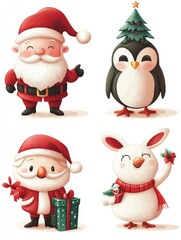 Christmas characters card set. Santa, penguin and fir-tree, white rabbit and owl, elf with gift. 2020 new year party vector invitation