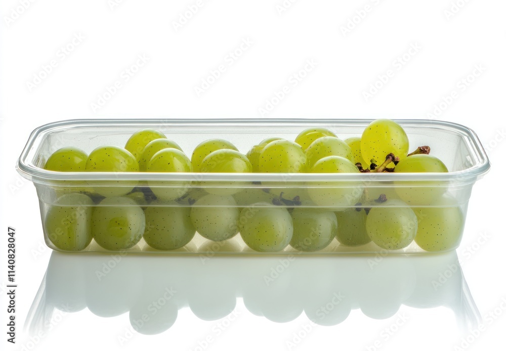 Poster a clear container filled with fresh green grapes, ready for consumption.