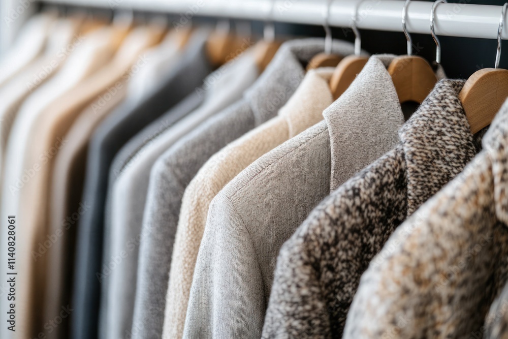Poster a display of neatly arranged coats on hangers showcasing various shades of gray and beige.