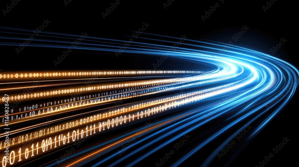 Poster illustration of digital data transfer with binary code and glowing dots, featuring a cyber tech them