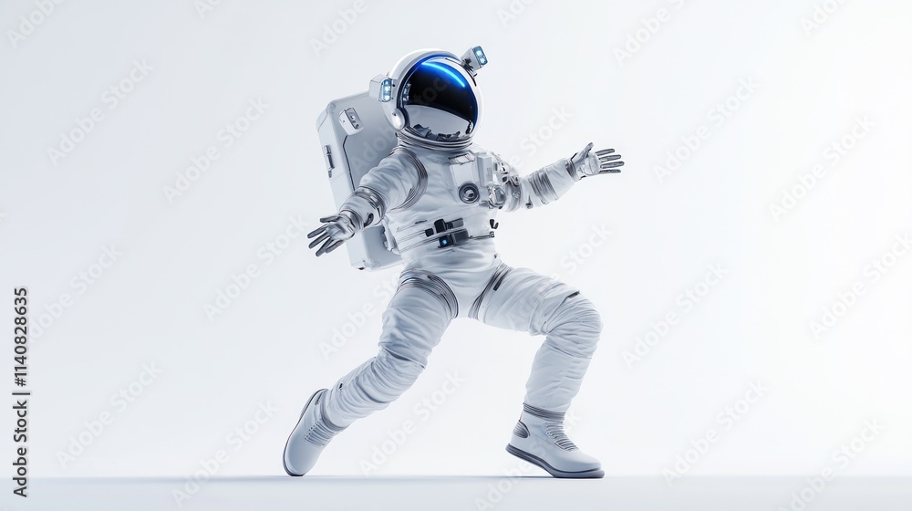 Poster a 3d-rendered astronaut in a spacesuit, appearing to float in a minimalist environment.