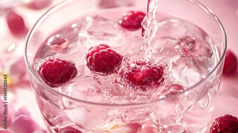 Poster a refreshing drink with raspberries and ice in a clear bowl, set against a soft pink background.