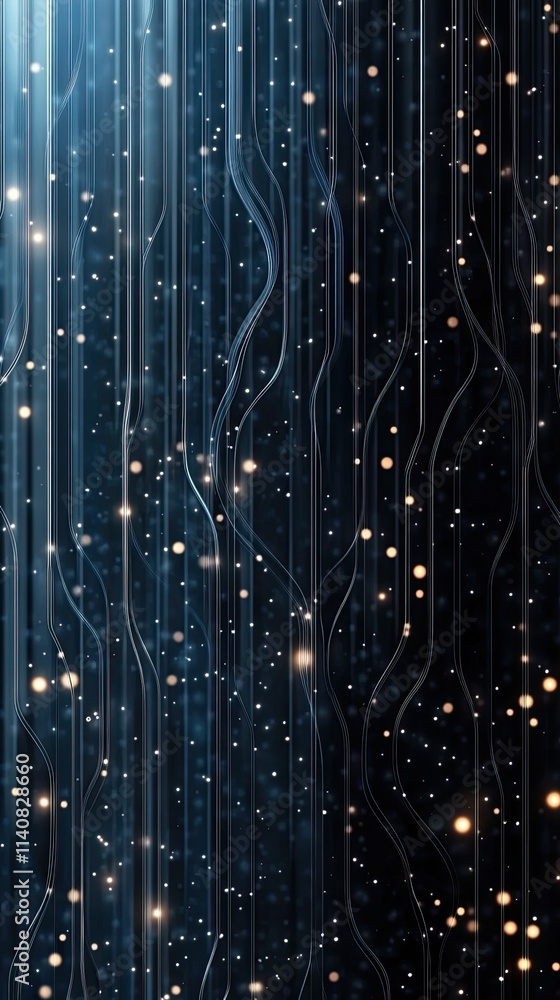 Poster illustration of digital data transfer with binary code and glowing dots, featuring a cyber tech them