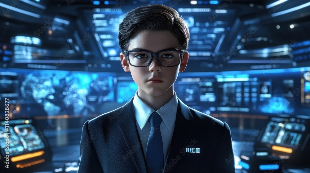 Poster a young boy in formal attire stands confidently in a high-tech control room.