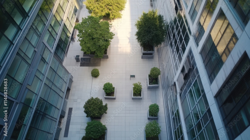 Poster aerial view of a modern urban courtyard with trees and greenery.