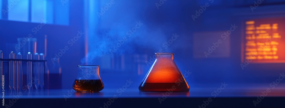 Leinwandbilder two laboratory flasks with colorful liquids and smoke in a science setting.