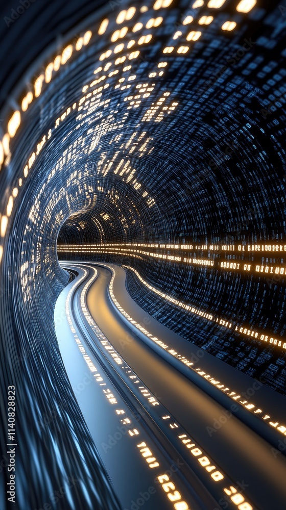 Poster illustration of digital data transfer with binary code and glowing dots, featuring a cyber tech them
