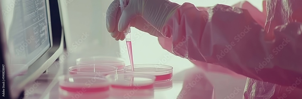 Poster a scientist using a pipette to transfer liquid into petri dishes in a laboratory setting.