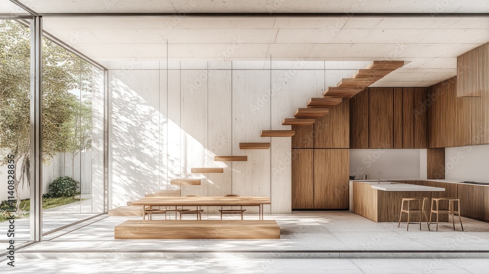 Aufkleber Modern interior featuring a minimalist design with wooden elements and open space.