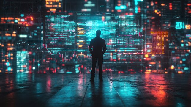 Silhouette of a person standing in front of a digital wall with data visualizations.