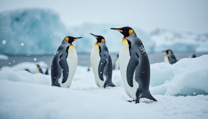 Fototapeta premium Group of emperor penguins interacting together in a snowy landscape during an Antarctic storm