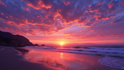 Stunning sunset over ocean beach with vibrant colors and dramatic clouds, perfect backdrop, copy space