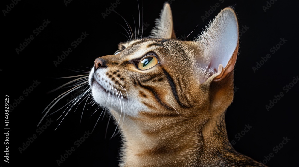 Poster a close-up portrait of a cat looking upwards against a dark background.