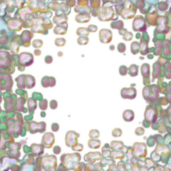 An abstract transparent psychedelic wavy splatter vignette design element overlay.