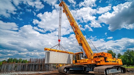 Yellow Crane Lifting Concrete Slab on a Construction Site