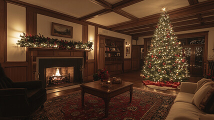 Christmas tree near a decorated fireplace in a cozy living room, featuring festive decorations and warm holiday ambiance, perfect for seasonal and home interior concepts.

