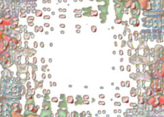 An abstract transparent psychedelic wavy splatter vignette design element overlay.