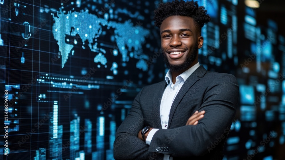 Poster a confident man in a suit stands against a digital world map background.