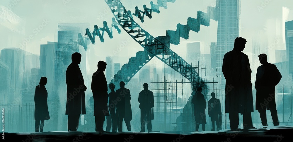 Poster silhouetted figures in lab coats against a backdrop of industrial structures.