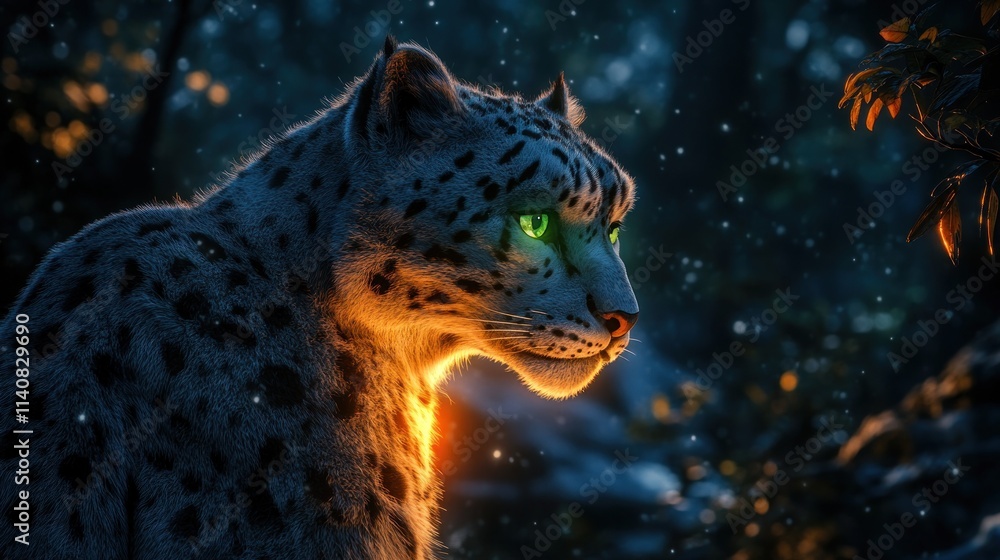 Aufkleber a majestic leopard with glowing green eyes in a mystical forest setting.