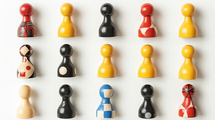 A top-view image of retro board game pieces isolated on a white background.--ar 16:9