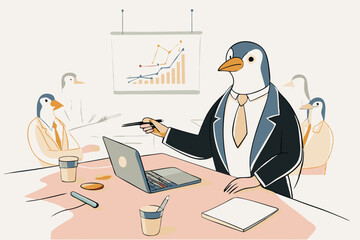 Penguin in Business Attire Leading a Corporate Meeting Illustration