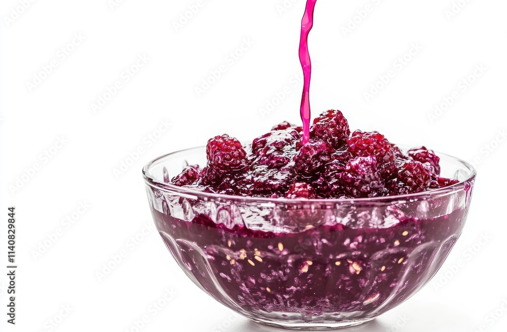 Poster a bowl of raspberry jelly with syrup being poured over it.
