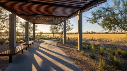 Modern pavilion with wooden features overlooking a serene landscape at sunset.