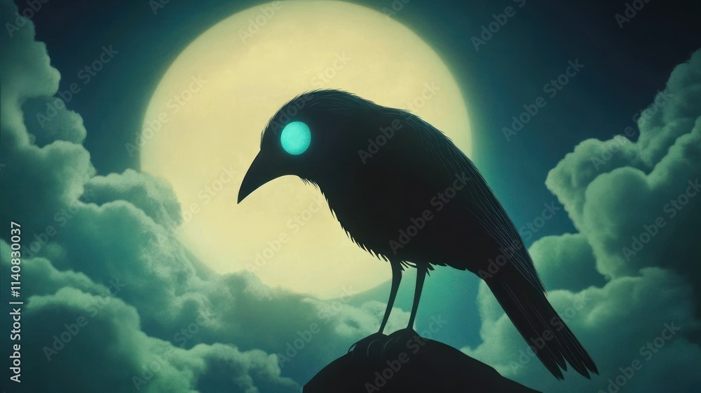 Aufkleber a silhouette of a bird with glowing eyes against a full moon and cloudy night sky.