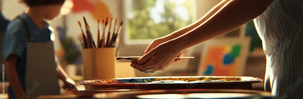 Poster a person painting with vibrant colors while a child observes in a creative environment.