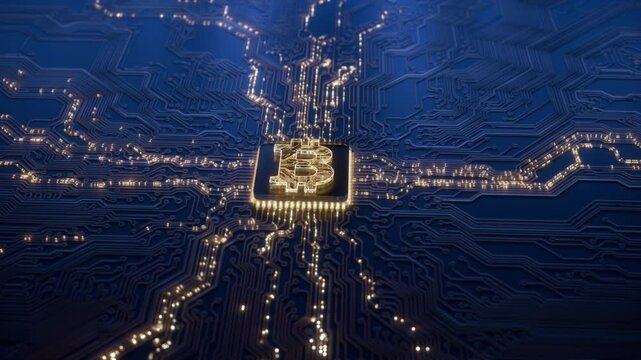 Bitcoin crypto currency digital technology on circuit board. Abstract futuristic 3D render background. Future of money global market exchange. Lightning network transactions. BTC mining concept