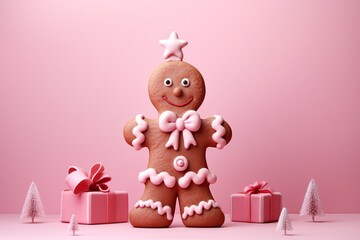 Naklejka premium Gingerbread Man Wallpaper, Festive Gingerbread Man with Holiday Gift, Christmas Gingerbread Cookie Background, Gingerbread Man Holiday Scene Wallpaper, Christmas Gingerbread Man Wallpaper