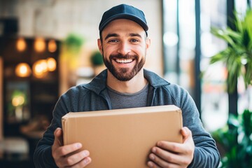 Smiling delivery person holding a package in a bright urban setting