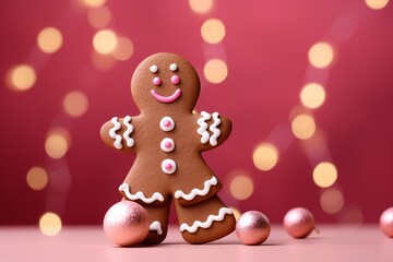 Obraz premium Gingerbread Man Wallpaper, Festive Gingerbread Man with Holiday Gift, Christmas Gingerbread Cookie Background, Gingerbread Man Holiday Scene Wallpaper, Christmas Gingerbread Man Wallpaper