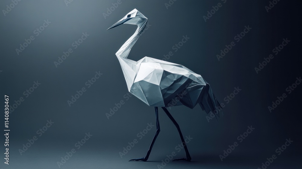 Poster a stylized origami crane in a dark setting, showcasing geometric design and artistic expression.