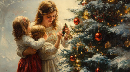 Mother with kids decorating Christmas tree
