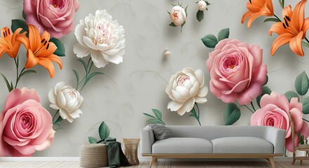 A floral 3D wallpaper of large roses, peonies, and lilies emerging from a textured wall