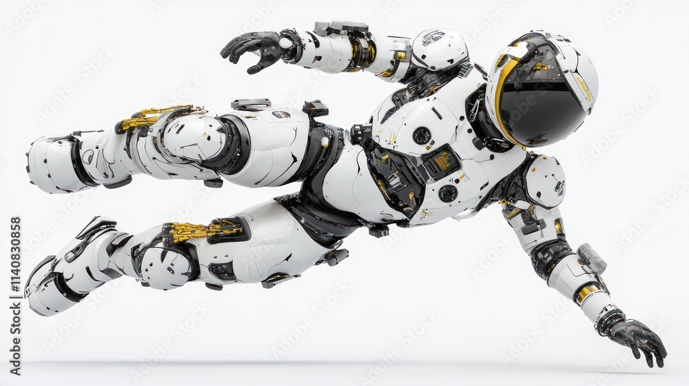 Poster a futuristic robotic astronaut in a dynamic pose, showcasing advanced technology and design.