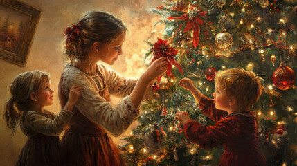 Mother with kids decorating Christmas tree
