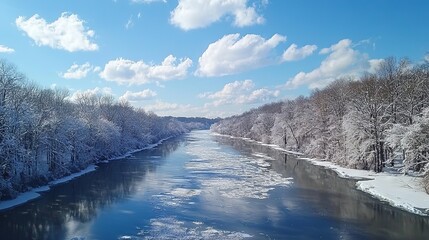 Obraz premium A serene winter landscape featuring a snow-covered river under a blue sky.